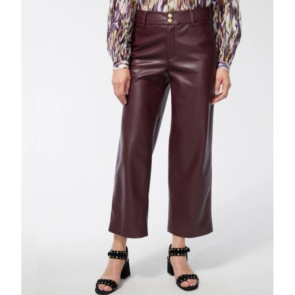 Chico's 1.5 Faux Leather Wide Leg Cropped Pants Burgundy Fall Chic Office Work